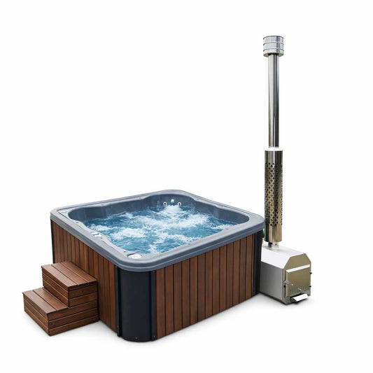 Ubud – Vierkante Luxe Hot Tub met Externe Houtkachel - Massagejets, LED-Verlichting, Bubbelsysteem en Vrije Kleurkeuze